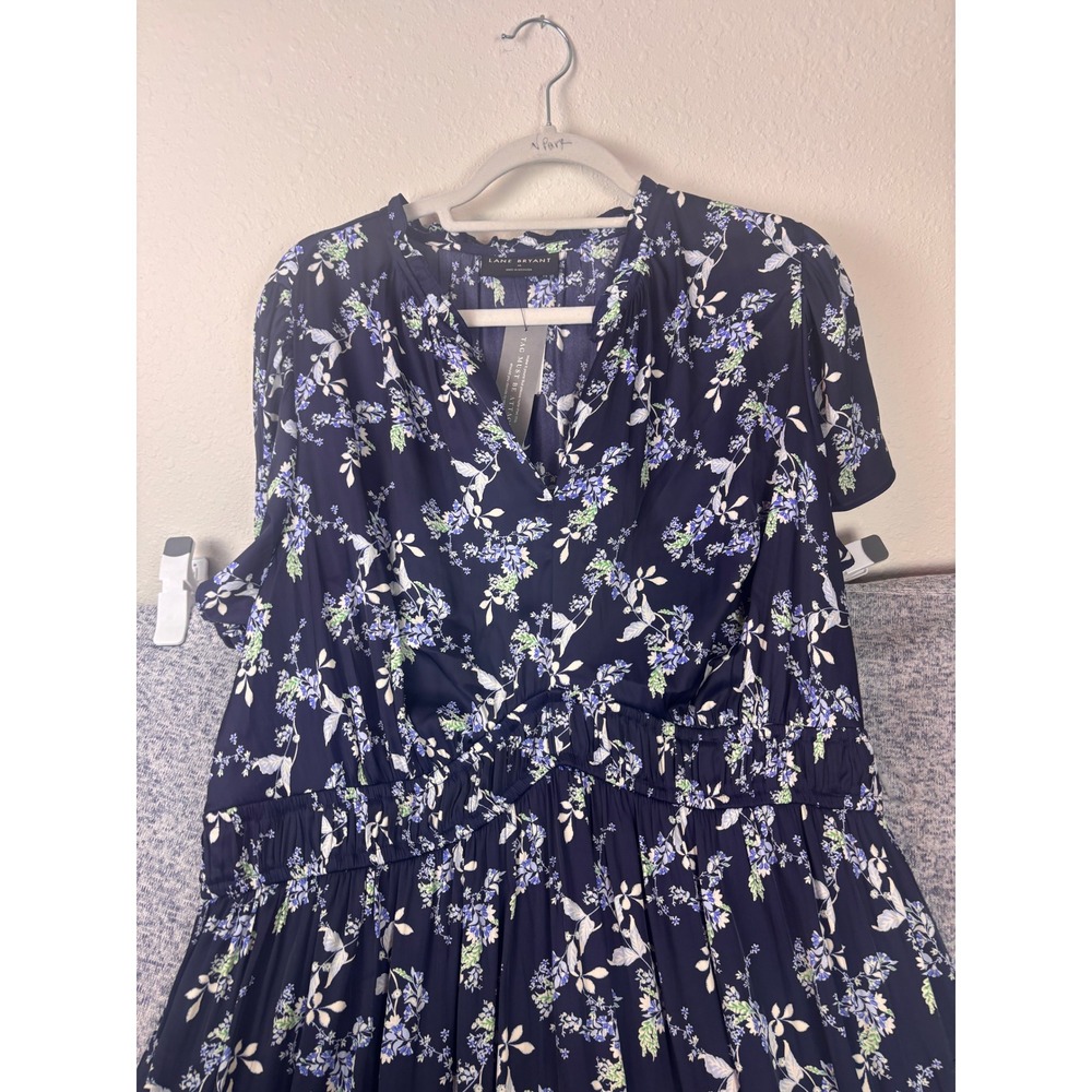 Lane Bryant Floral Midi Dress Womens 16 Navy Blue Short Sleeve Ruffle V-Neck - Picture 9 of 10